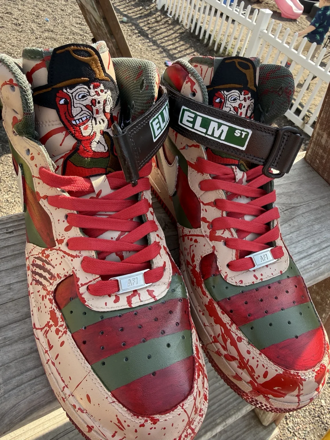 Finished custom horror sneakers viewed from front