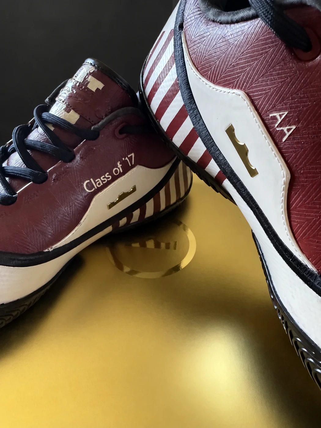 Close view of the custom sneaker's Class of '17 personalization
