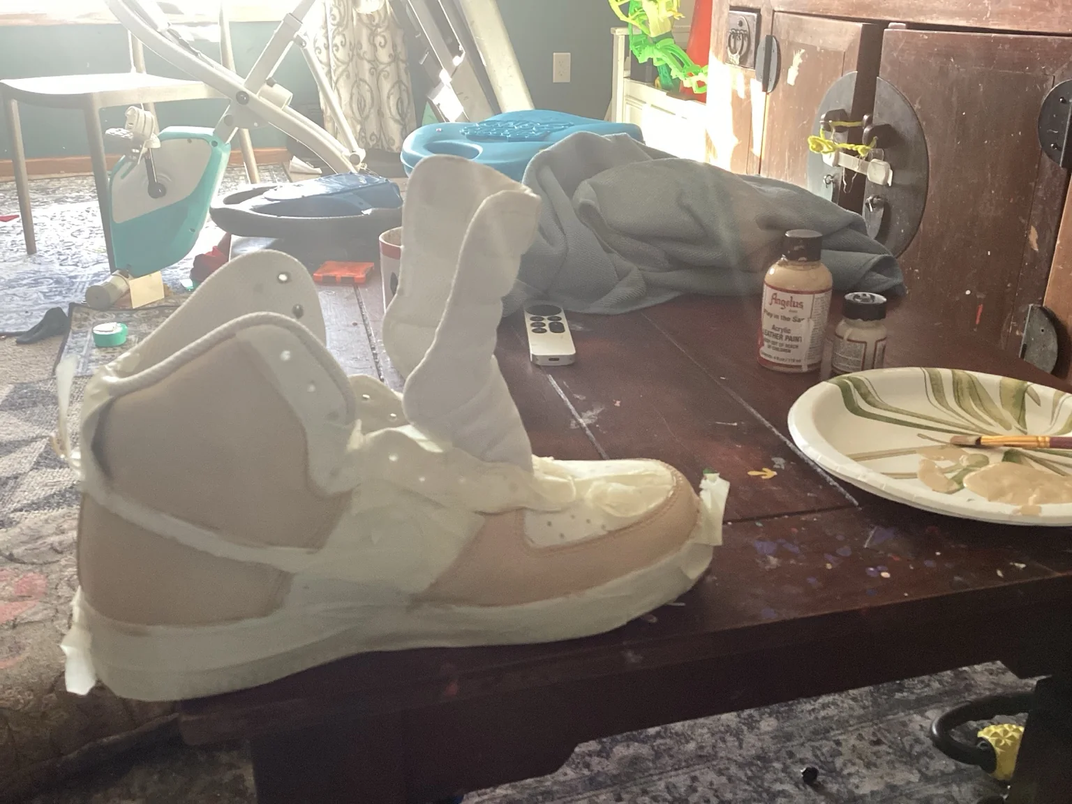 Sneakers masked and prepared before custom painting